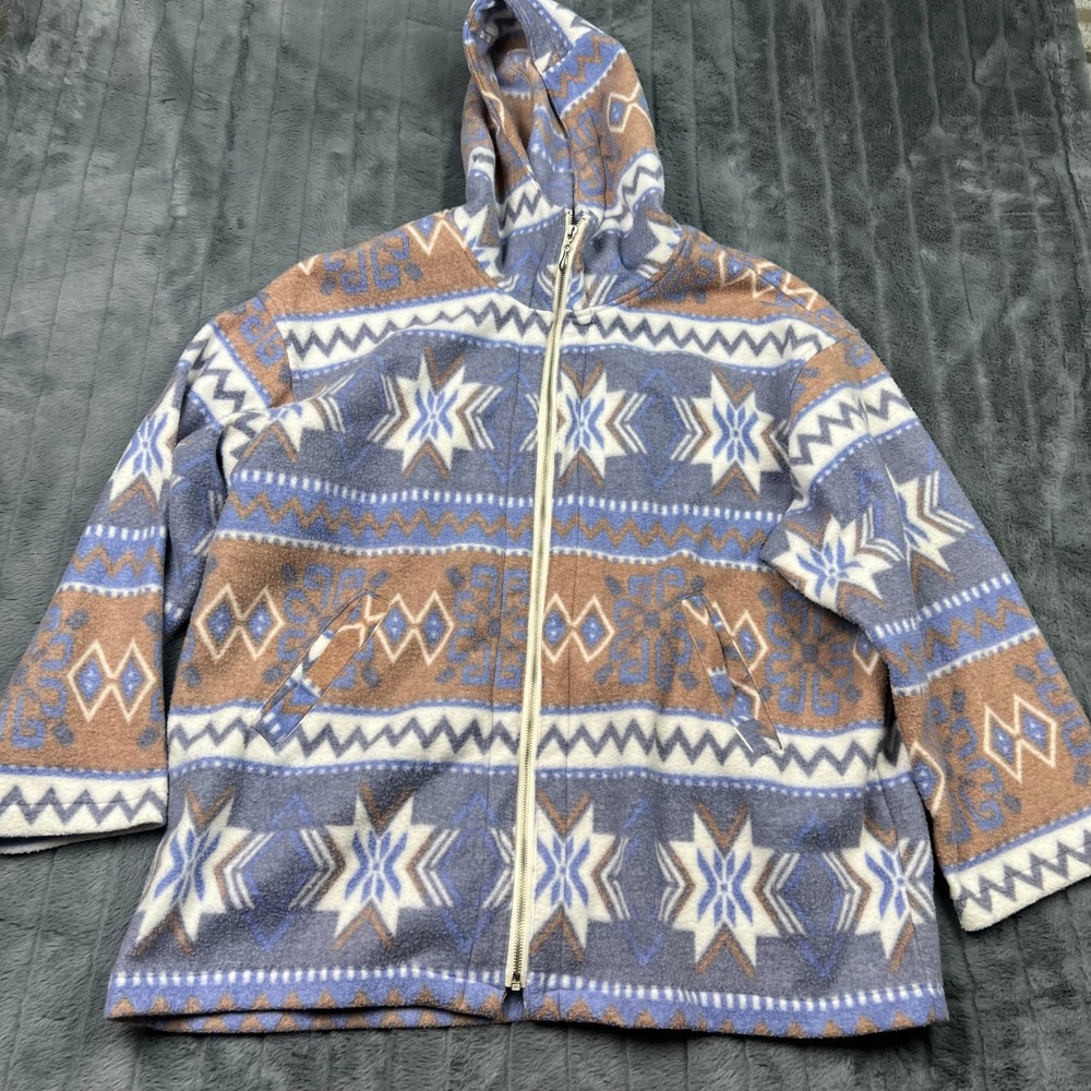 Vintage NY 10018 Fleece Hooded Jacket Large Blue Brown Southwestern Geometric